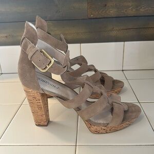 Rosegold Tan Suede Cork Heeled Gladiator Sandals Size 10; Like New!